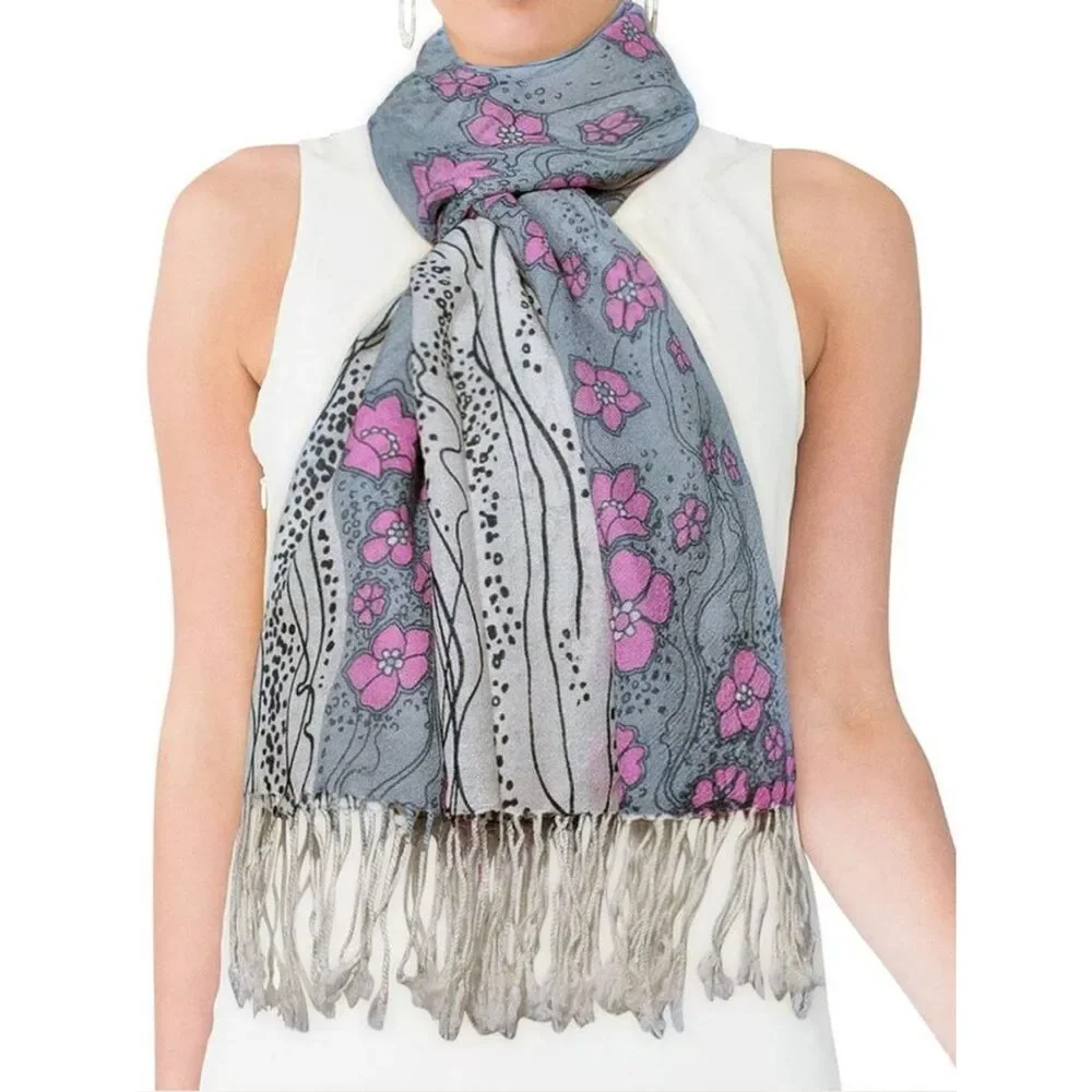 Wool Pashmina Floral Gray and Pink Wrap Scarf